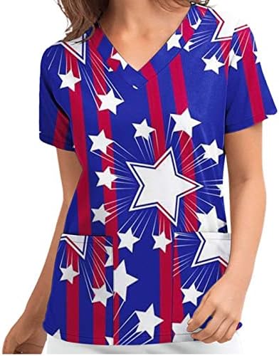 Majica 4. srpnja za žene s američkom zastavom, ljetna majica kratkih rukava s izrezom u obliku slova U, bluze s 2 džepa, svečana ležerna