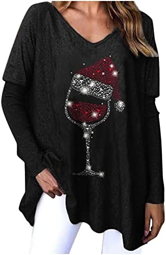 Ženske božićne dukseve dugih rukava v vrat xmas elk stablo vina čaše print pulover terry casual mekani ugodni ljuljački vrhovi