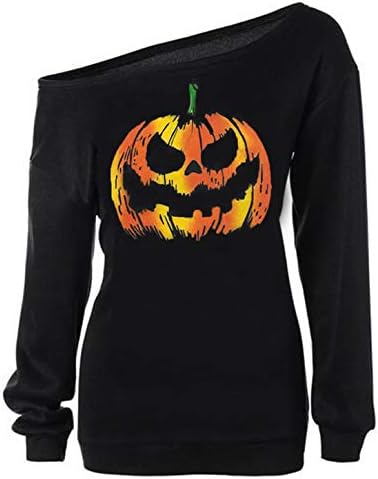 GSVibk Žene Noć vještica s košulje na ramenima dugih rukava pumkin Twishirts Slouchy pulover vrhovi kostur