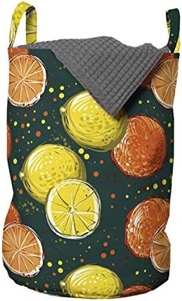 Ručno nacrtana torba za rublje u obliku naranče i limuna na pozadini točkica, košara za rublje s ručkama koje se zatvaraju na vezicu