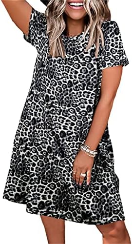 Ženske leopardove posade za vrat majica haljine v vrat kratki rukavi casual haljine za ljuljanje dužine koljena Ljetna majica haljina