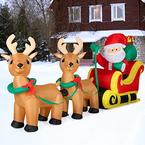 Dekorlife 8ft dugačak Djed Mraz na saonici s 2 jelena, Djeda i jeleni ukrasi na otvorenom, božićni ukrasi za puhanje dvorišta s ugrađenim
