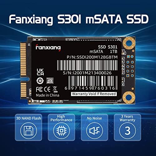 Fanxiang S301 1TB MSATA SSD MINI SATA III 6GB/S Unutarnji pogon čvrstog stanja, 3D NAND, kompatibilan s Ultrabook Laptop PC Laptop
