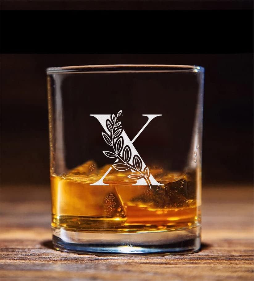 Cvjetni monogram 'X' Staklo viskija - slovo A -Z urezano - Staklo bez viskija - Pokloni za tatu - Majčin dan - Poklon za mamu - Pokloni
