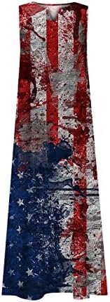 Haljine za dan neovisnosti za žene V vrat bez rukava američke zastave print maxi sundress casual haljina s džepovima