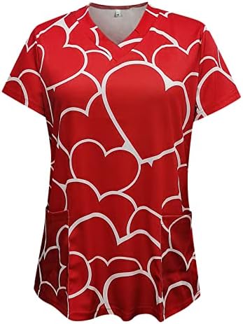 Uniforme za medicinske sestre za žene Valentinovo s kratkim rukavima Srce tiskanje Uniforme s V-izrezom ležerna košulja za piling bluze