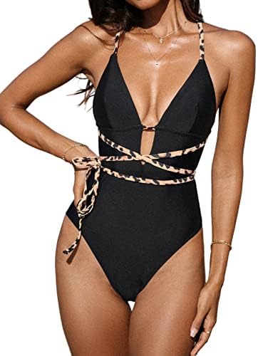 Cupshe jednodijelni kupaći kostim za žene kupaći kostim za plivanje v vrat leopard Strappy crisscross self kravata