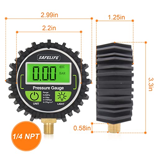 SAFELIFE digitalni tlak gume, 2-1/2 Digitalni mjerač zračnog tlaka s 1/4 '' NPT dno konektora i zaštitnika gume, mjerač tlaka zraka