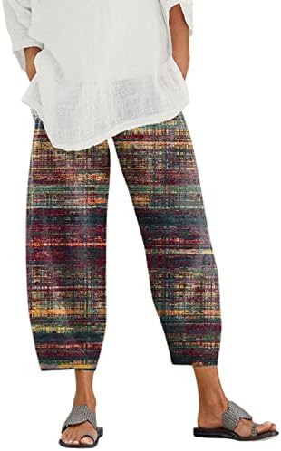 Wybaxz 2023 Modne pamučne platnene hlače za žene Bohe print Palazzo hlače s džepovima Capri hlače za žene Ljetni izlet