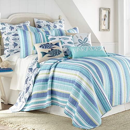 Levtex Home - Laida Beach Set - Kralj prekrivač + Dva sramota jastuka - obalna pruga - zelena, plava, bijela - Veličina prekrivača