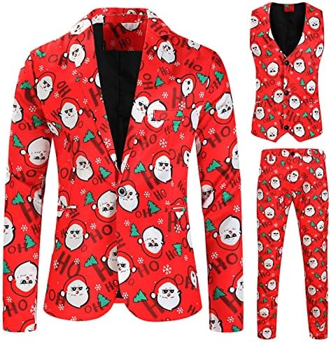Wocachi muški Božić 3 komada Slim Fit formalno odijelo, ružni Xmas Print One Gumb Blazer jakna, prsluk i hlače set