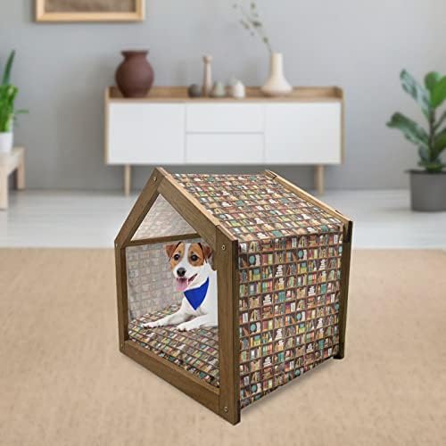 Kuća od drvene kućne ljubimce, knjige na kutiji oblikovane policama s knjigama Enciklopedije i elemente pribora, vanjski i zatvoreni