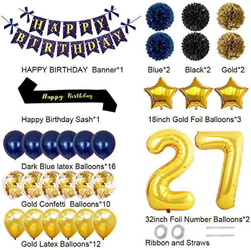 Yujiaonly 27. rođendana ukrasi, sretni rođendanski natpis zlatni broj 27. baloni Sretan rođendan SASH lateks i baloni konfeti savršeni