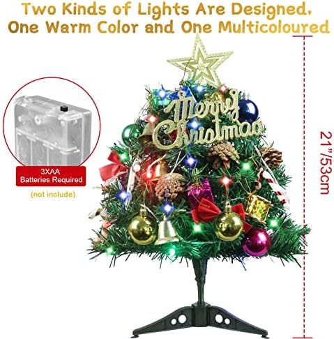 21 /53 cm Božićno drvce, umjetno mini božićno drvce s LED svjetlima i božićnim ukrasima, savršeno za uređenje zatvorenog i vanjskog
