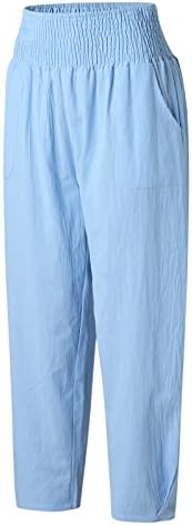 Ležerne ljetne pamučne lanene hlače za žene širokog kroja, široke hlače visokog struka, duge hlače s džepovima, udobno dno