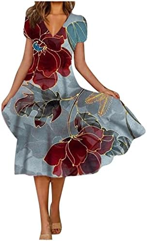 Nokmopo ženske haljine jeseno 2023. Ljetno casual modni cvjetni print kratki rukav s v-izrezom ljuljačke haljine