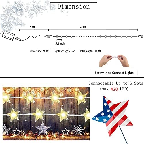 4. srpnja Star String Lights, 70 LED zvijezda Twinkle Fairy Lights 8 Modusi Uključite, spojeni unutarnji vanjski patriotska zvijezda