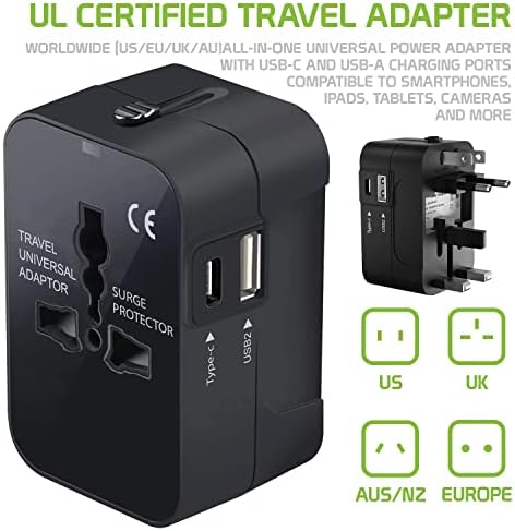 Travel USB Plus International Power Adapter kompatibilan s Blu Studio 7.0 za svjetsku energiju za 3 uređaja USB Typec, USB-A za putovanje