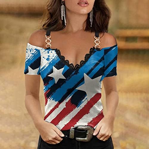 Hoxine Womens Sexy Off Sorth Tops Modni metalni lančani naramenica tunika V vrat 4. srpnja majice američke majice za ispis američke