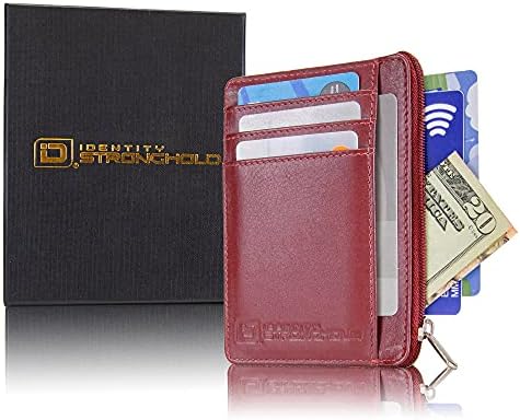 Novčanik s prednjim džepom mini minimalistički novčanik tanka torbica od prave kože s patentnim zatvaračem, crvena, mala