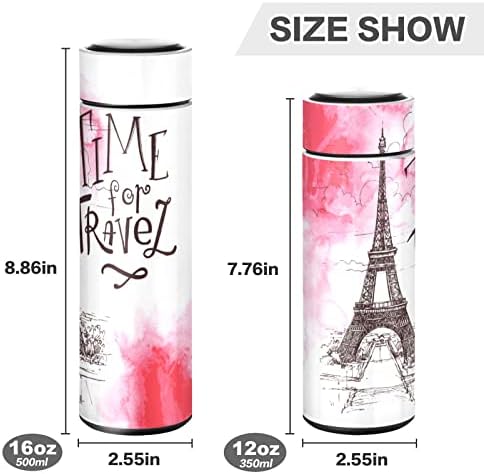 Cataku mala boca s vodom 12 oz, ružičasta pariška umjetnost izolirana boca vode za vodu čaj od kave čaj od nehrđajućeg čelika tikvica