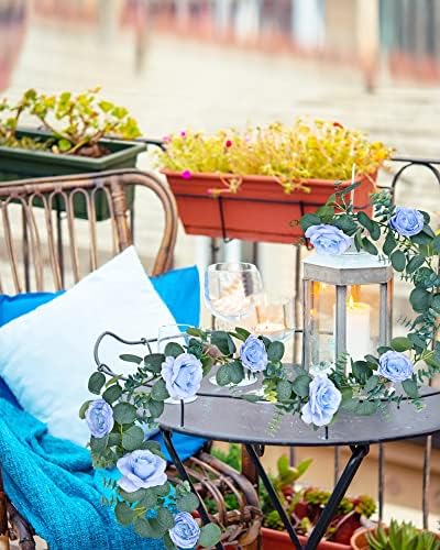 Vlarort vjenčanje vijenac s cvijećem- Eukaliptus vijenac s 10 plavih ruža, za vjenčanje- stol za trkače- ukras- zatvoreni vanjski zidni