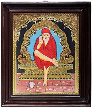 Egzotična Indija Shirdi Sai Baba Tanjore Slikanje | Tradicionalne boje s 24k zlatom | Okvir od teakwood | Zlato i drvo |