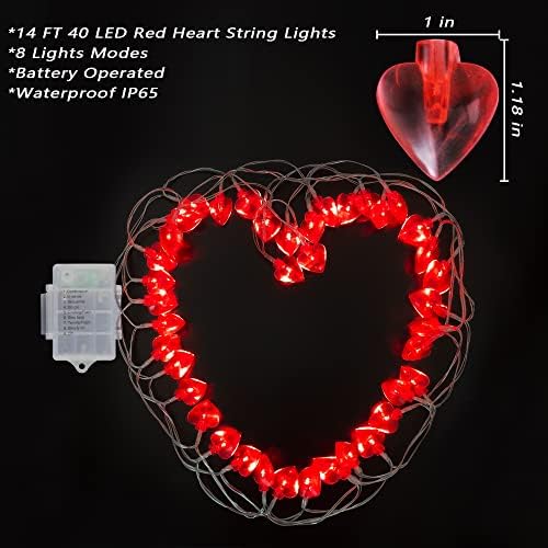 Cokoka Valentine Day Lights 14 stopa 40 LED crvenih srčanih svjetala String String Battery, Romantic Valentine Day Decor Lights za