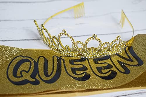Zlatni rođendan tiara i zlatni sash kraljica kraljica satena i kristal rinestone tiara kruna set za 13., 16., 20., 21., 30., 35., 40.,