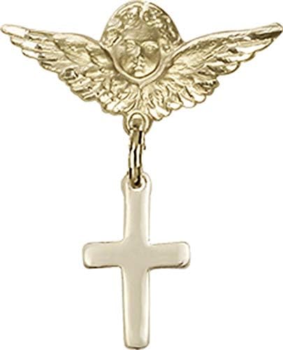 Dječja značka s privjeskom za križ i Pribadačom za značku anđeo s krilima / dječja značka od 14k zlata s privjeskom za križ i pribadačom