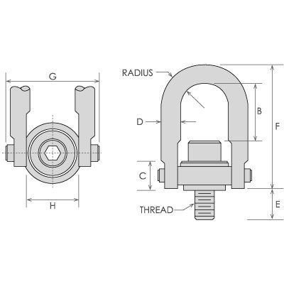 Metrički standardni rotacijski prsten za podizanje U obliku slova 9004-6961, legirani čelik, 10.000 lbs. Nosivost, veličina navoja