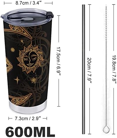 Boemska mandala Mjesec i Sun Tattoo Tumbler za kavu 600 ml s slamnastom okretnom vrhom od nehrđajućeg čelika putnička šalica pića boca