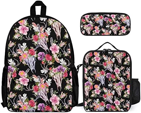 Lubanje sobova s cvijećem, 3-dijelni paket ruksaka, torba za prijenosno računalo na ramenu s kutijom za ručak i pernicom