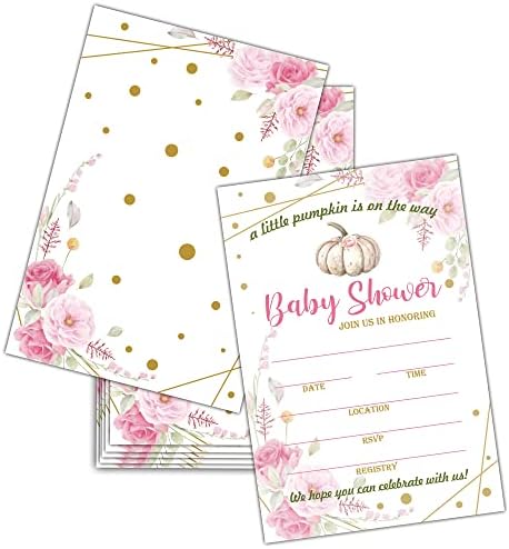 Pozivnice za Dan zahvalnosti s omotnicama, ružičasto ružičasto boho cvjetni tuš za bebe poziva kartice, mala bundeva za prvu zajedničku