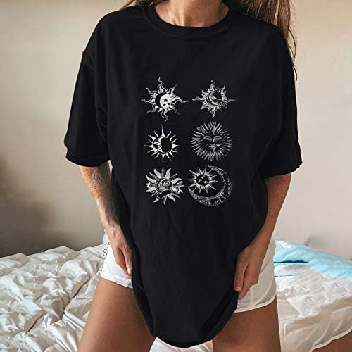 Predimenzionirane grafičke košulje za žene Sunce i Mjesec okrugli vrat kratki rukavi vrh labave fit ljetne bluze tinejdžerke tinejdžerke