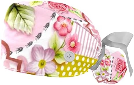 Radni šešir s gumbima i vrpcama za žene 2 pakiranja, cvjetni cvijet podesivi unisex kirurški kap