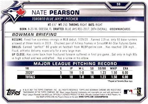 2021. Bowman 59 Nate Pearson RC Rookie Toronto Blue Jays MLB Trgovačka karta za bejzbol