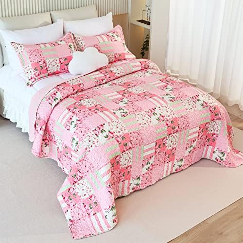 CMFSHAPE Cvjetni pokrivač s 2 jastučne lažnih veličina-kvrga, patchwork ružičasti prekrivač set 3 komada, ljetni prekrivač za djevojčice,