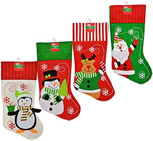 Božićna kuća set od 4 pakiranja poliestera božićnih likova čarape s prugastim manšetama, 18 inča