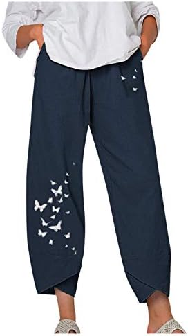 Pamučne lanene hlače za Žene Ležerne ljetne Capri hlače s džepovima visokog struka udobne cvjetne hlače za plažu