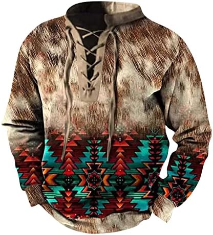 Muške zapadne aztečke duksere retro taktički vrhovi dugi rukavi čipka up pulover labavi etnički print grafičke majice