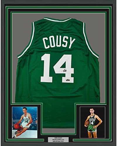Uokvireni faksimilni autogramirani Bob Cousy 33x42 Boston Green Reprint Laser Laser Auto Basketball Jersey