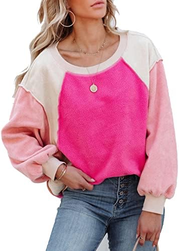 Žene u boji blok Crewneck Twichirt Fleece Lantern Sleeve jesenski plišana boja kontrastna pulover bluza
