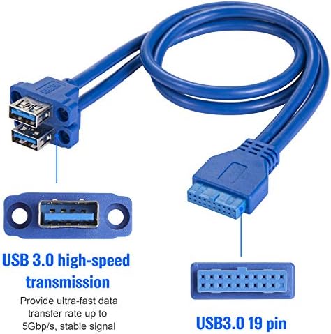 Beyimei 2 Portovi USB 3.0 kabel prednje ploče, 19 -pin za udvostručenje konektora, USB 3.0 adapter kabel Diy kućište, s vijcima -blue