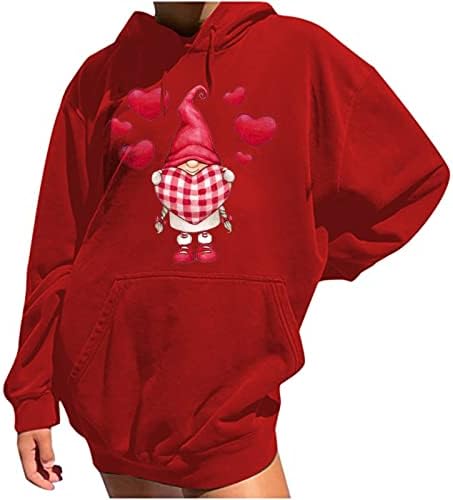 Slatke duge dukseve za žene Valentine Preveliki pulover kapuljača Gnomi Srce grafički vrhovi dugih rukava