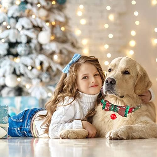 Božićni pseći ovratnik za pse, crveno zelena karirana snježna pahuljica luk kravata za pse. Podesivi ogrnik za kućne ljubimce štene