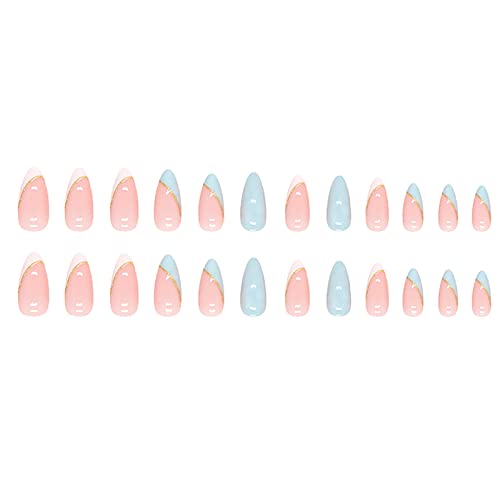 Lažni nokti srednje veličine u obliku badema kratki, ljepljivi plavi akrilni nokti mramorni lažni vjenčani nokti za žene