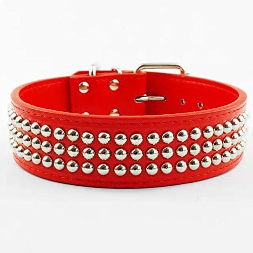 Psi Kingdom 3 Redovi srebrne zakovice zarežene PU kožom podesive ogrlice za pseće ogrlice za srednje/velike pse crvene s