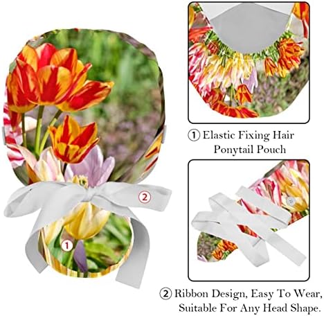 Medicinske kape za žene s gumbima dugačka kosa, 2 komada podesiva radna kapu, proljetni cvijet tulipana