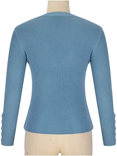 Ženski elegantni posada gumb za vrat dugi rukavi s rebrama pletenica tanak fit solid pulover džemperi trendi ugodni jumper vrhovi